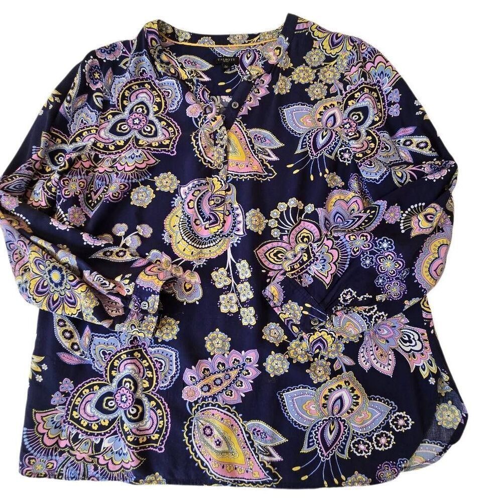 Talbots Womens Floral Paisley Long Sleeve Popover Blouse Top Blue Large Petite - Picture 5 of 12
